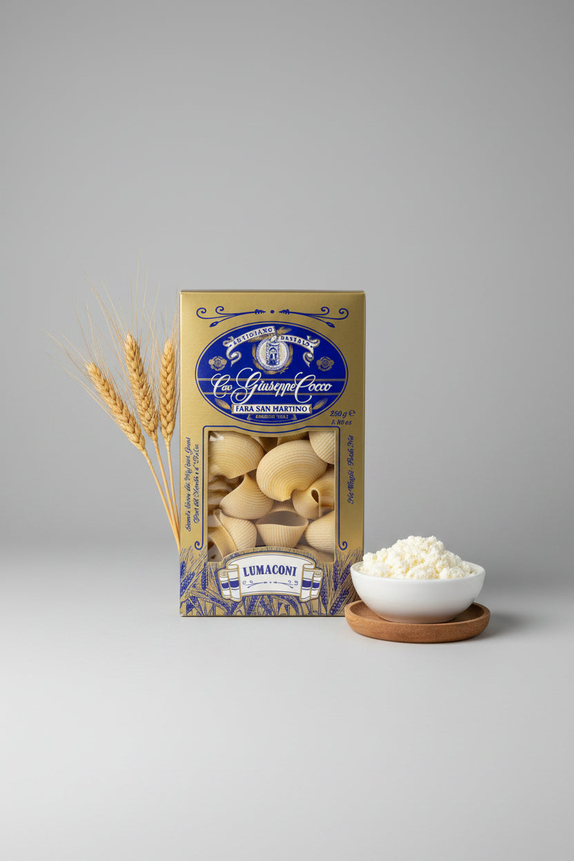 Dettaglio Lumaconi Giuseppe Cocco — formato grande a conchiglia rigata, semola di grano duro trafila di bronzo, Fara San Martino Abruzzo
