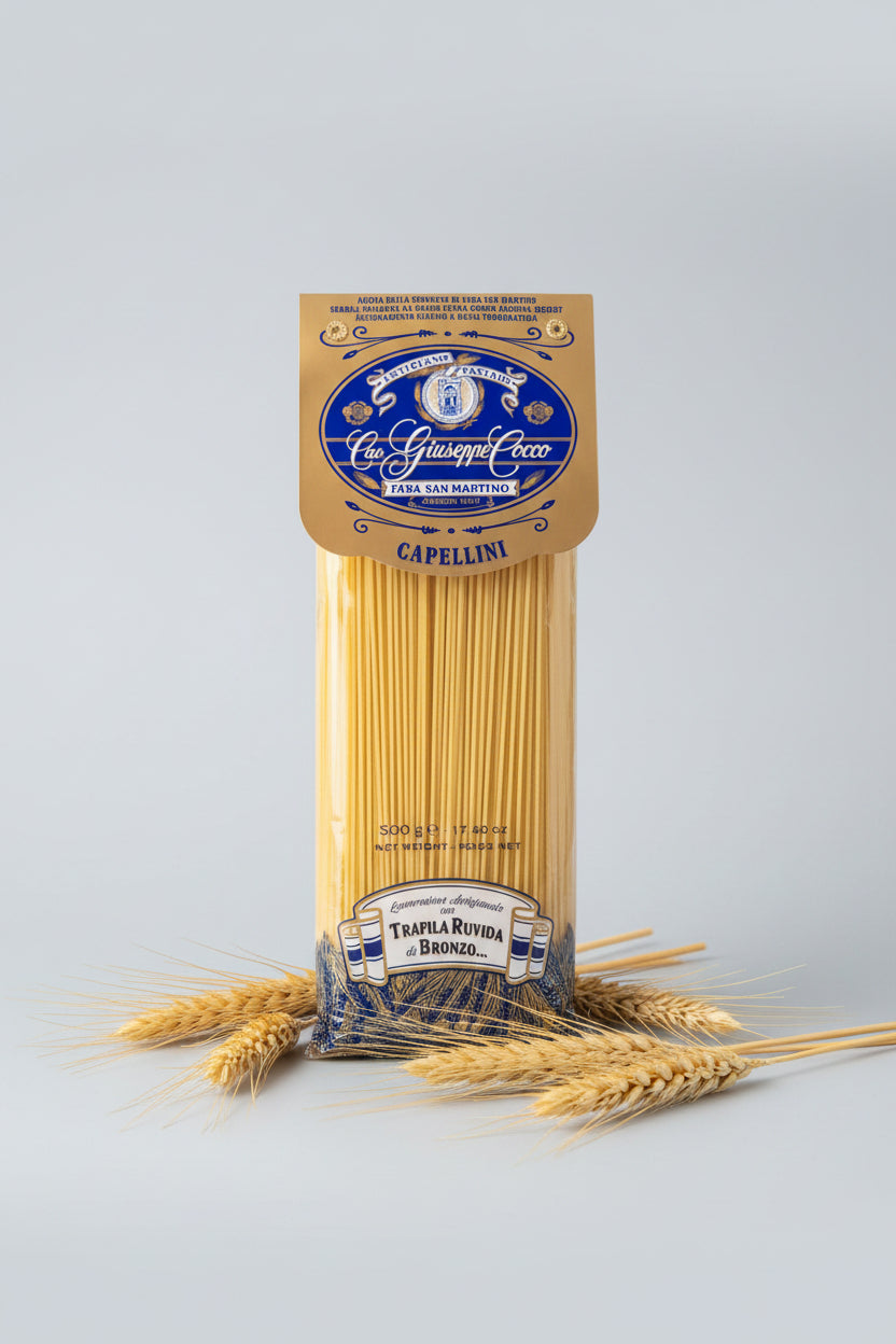 Confezione Capellini artigianali Cav. Giuseppe Cocco, Fara San Martino Abruzzo, semola Extra Durum Arizona Desert, trafila ruvida di bronzo, selezionati dalla bottega Fratelli Belfiore di Vasto