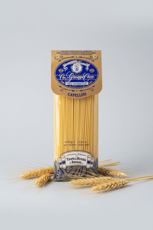 Confezione Capellini artigianali Cav. Giuseppe Cocco, Fara San Martino Abruzzo, semola Extra Durum Arizona Desert, trafila ruvida di bronzo, selezionati dalla bottega Fratelli Belfiore di Vasto