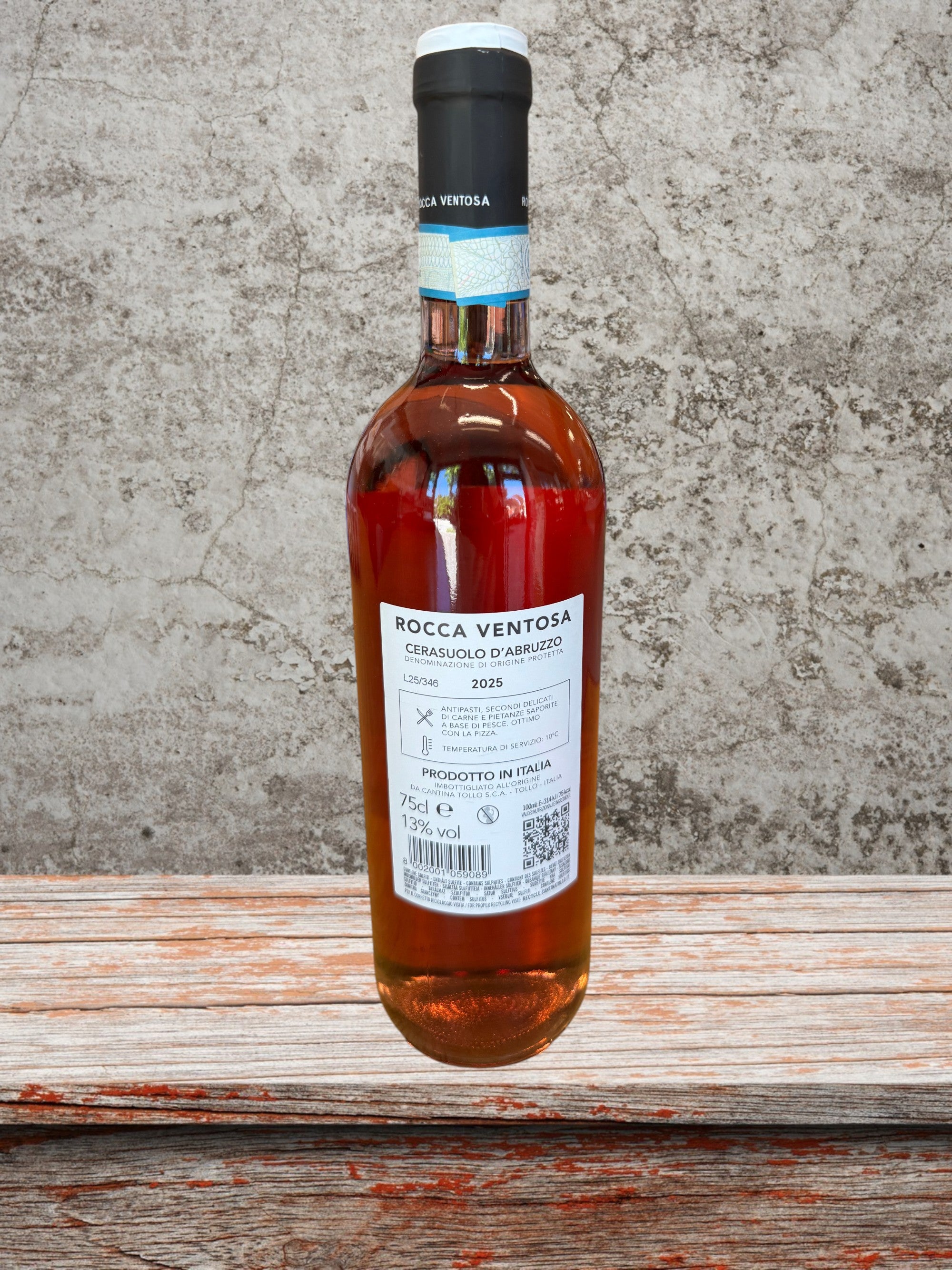 Retroetichetta Cerasuolo d'Abruzzo Rocca Ventosa Cantina Tollo — 75cl, 13% vol, annata 2025, Denominazione di Origine Protetta