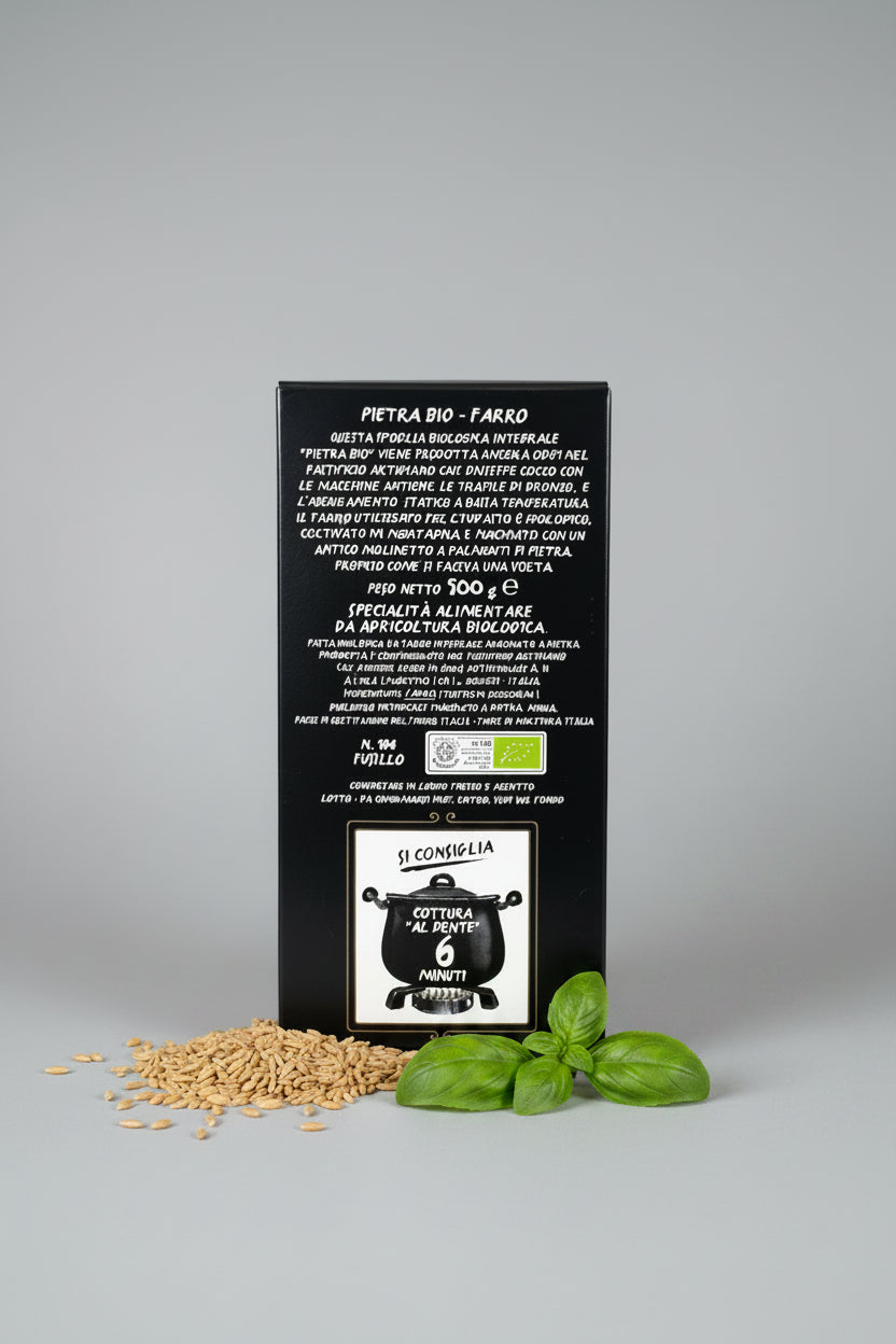 Retro confezione Fusillo Farro Bio Giuseppe Cocco — farro Triticum Dicoccum biologico integrale macinato a pietra, 500g, Fara San Martino Abruzzo