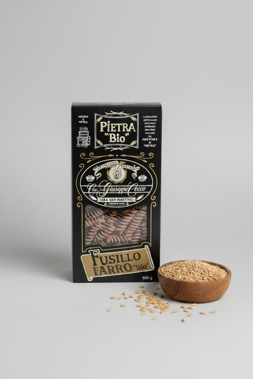 Confezione Fusillo Farro Bio Pietra Bio Cav. Giuseppe Cocco, Fara San Martino Abruzzo, farro biologico integrale macinato a pietra, selezionato dalla bottega Fratelli Belfiore