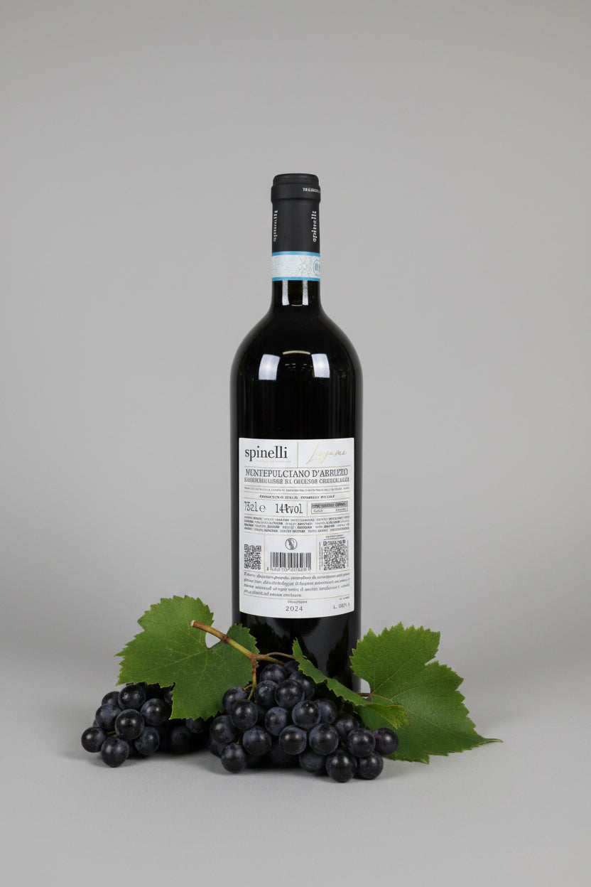 Retroetichetta Montepulciano d'Abruzzo Legame Spinelli — 75cl, 14% vol, annata 2024, Denominazione di Origine Controllata, imbottigliato ad Atessa Italia