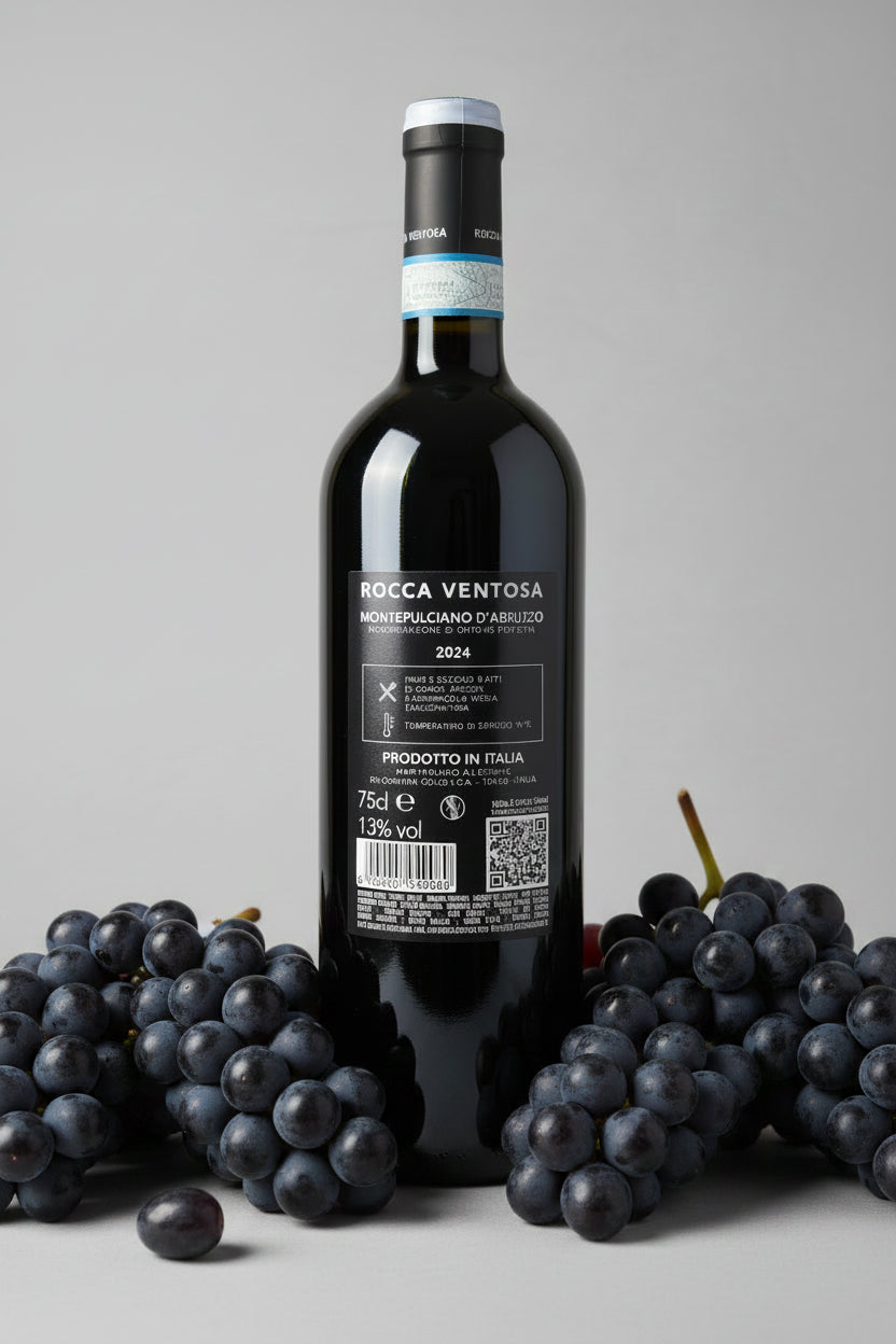 Retroetichetta Montepulciano d'Abruzzo Rocca Ventosa Cantina Tollo — 75cl, 13% vol, annata 2024, Denominazione di Origine Protetta, temperatura di servizio 18°C
